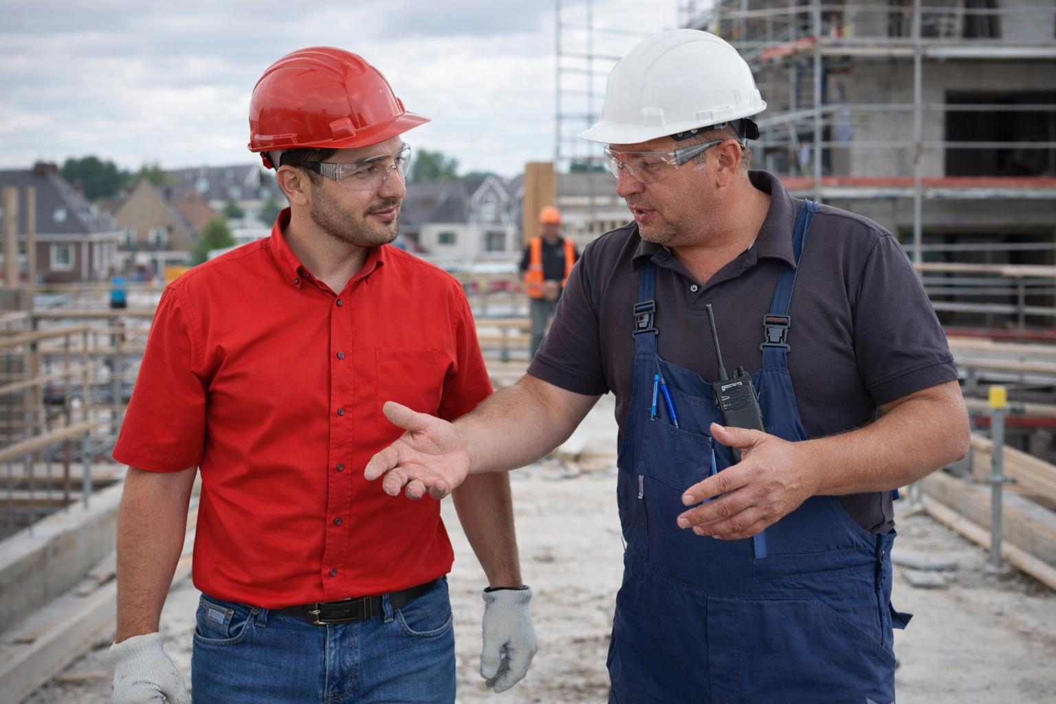 Twee bouwvakkers op de bouwplaats aan het overleggen