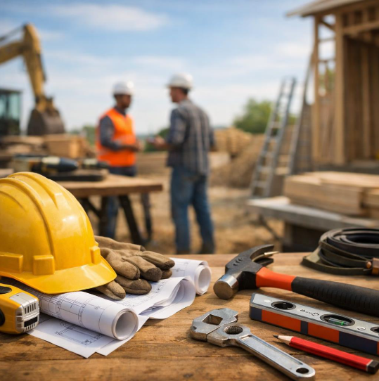 Gereedschap en bouwhelm op werkblad.