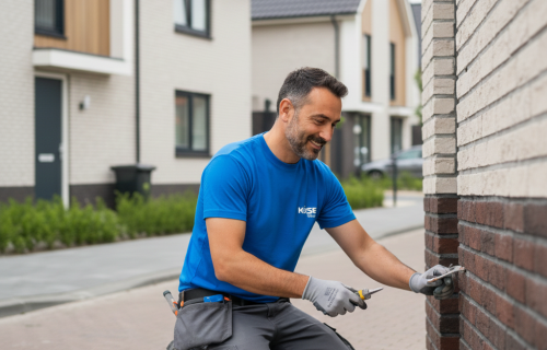 Medewerker is voegwerk aan het herstellen.