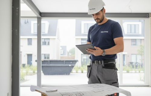 Medewerker Köse Groep is een tekening op tablet aan het bekijken.