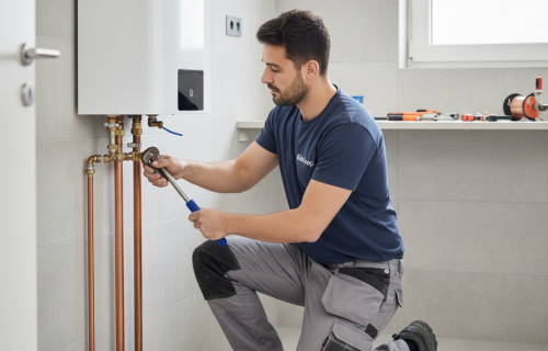 Medewerker Köse Groep is CV ketel aan het plaatsen.