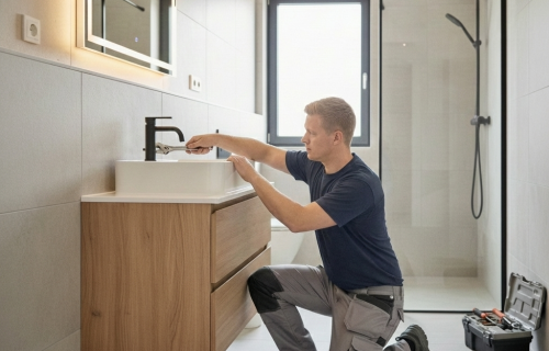 Medewerker Köse Groep is wastafelkraan aan het installeren.